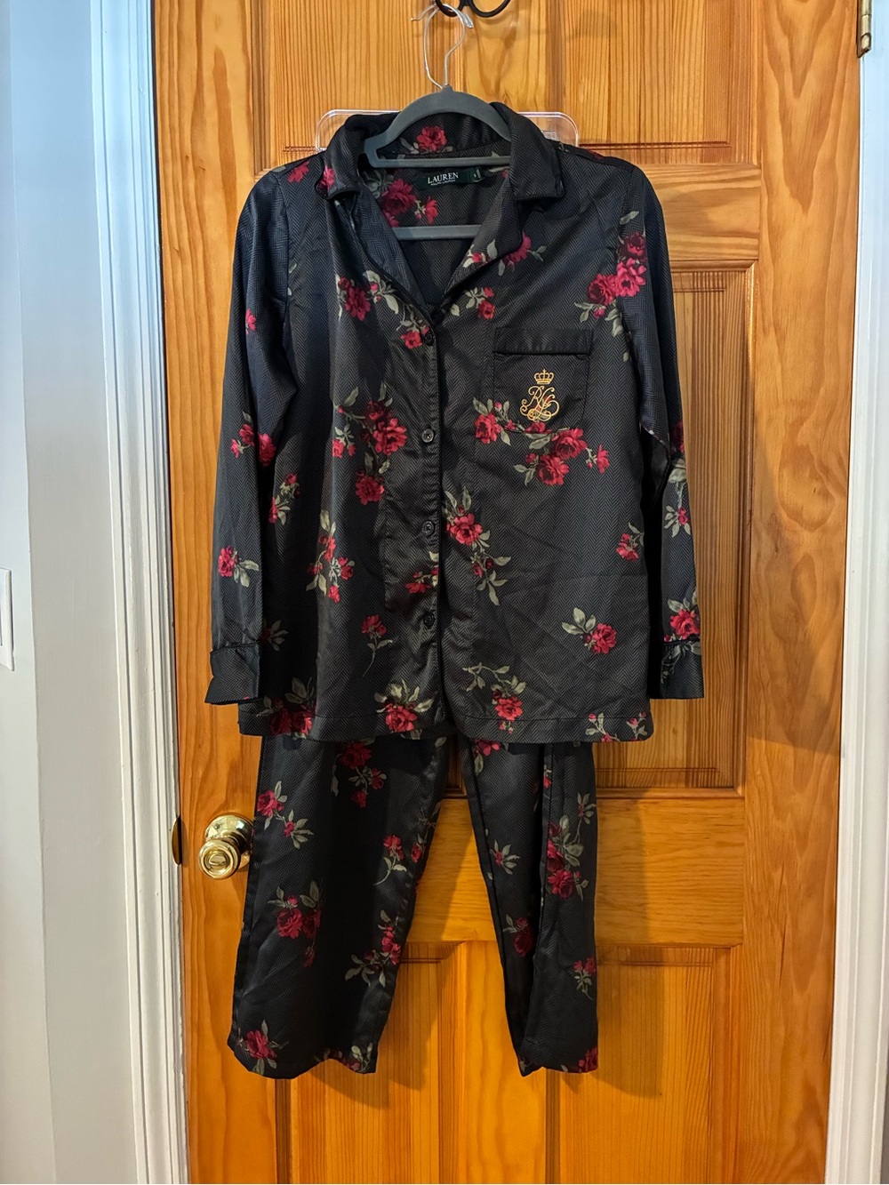 Ralph Lauren Black Floral Satin Pajama Set with Red Roses